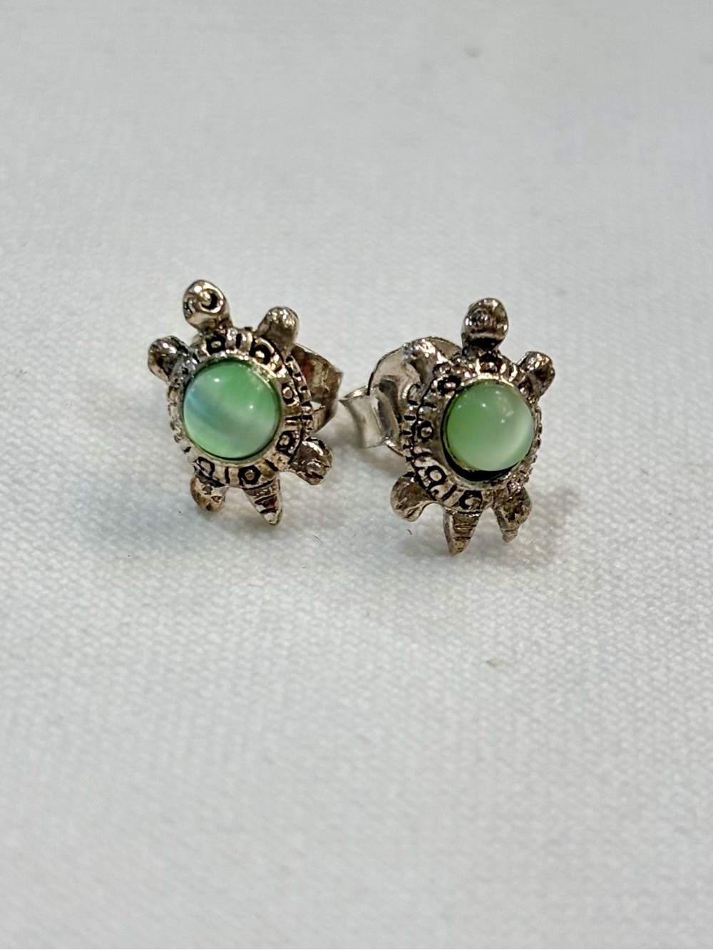 Small Children’s Silver Turtle Stud Earrings with Light Sea Green Cabochon